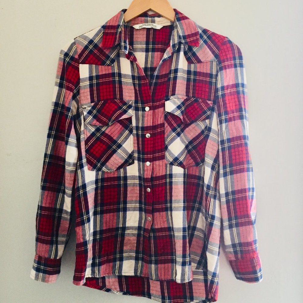 Zara Western Red Plaid Snap Front Button Up Long Sleeve Shirt XS